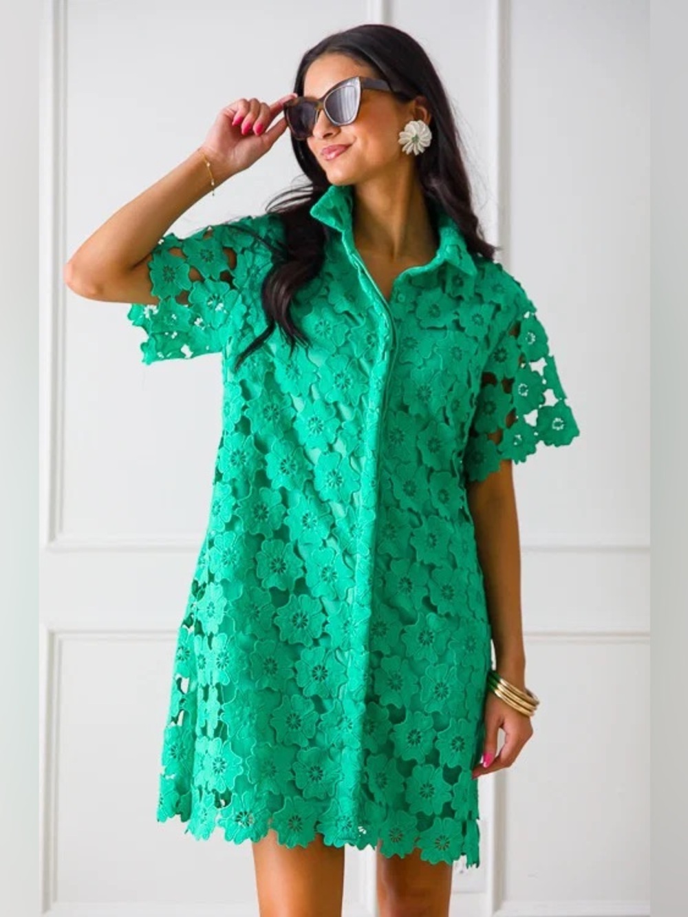 Umgee Floral Lace Button Down Shirt Dress Green Size Large